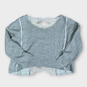 Free People Boho Crochet Open Back Gray Cropped Sweatshirt Sweater Women's M